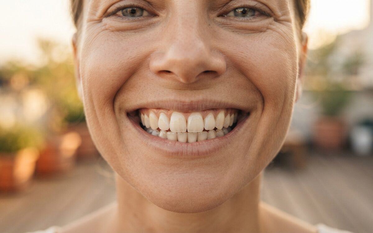 Close em plano médio do sorriso natural de uma pessoa adulta com tonalidade de dentes real e saudável.