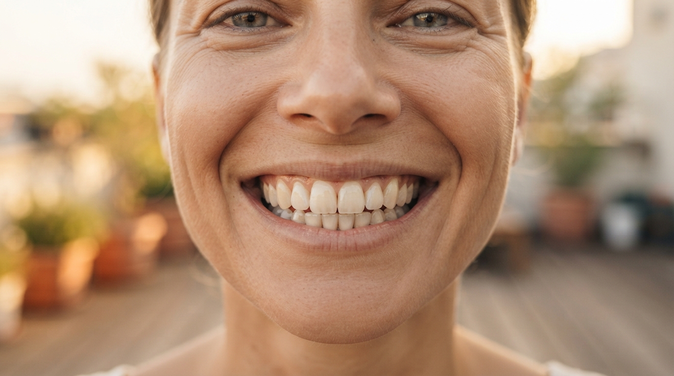 Close em plano médio do sorriso natural de uma pessoa adulta com tonalidade de dentes real e saudável.