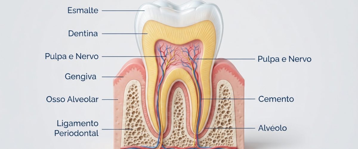 Ilustração 3D da anatomia de um dente humano mostrando camadas como o esmalte e a dentina.