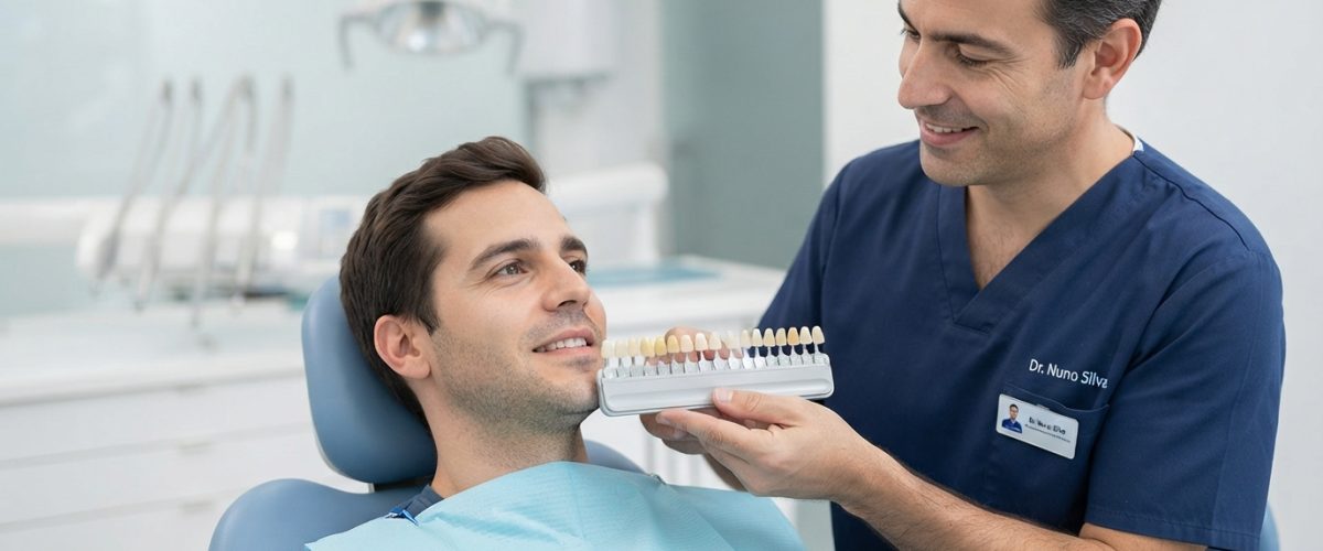 Médico dentista a utilizar uma escala de cor junto ao sorriso de um paciente numa clínica.