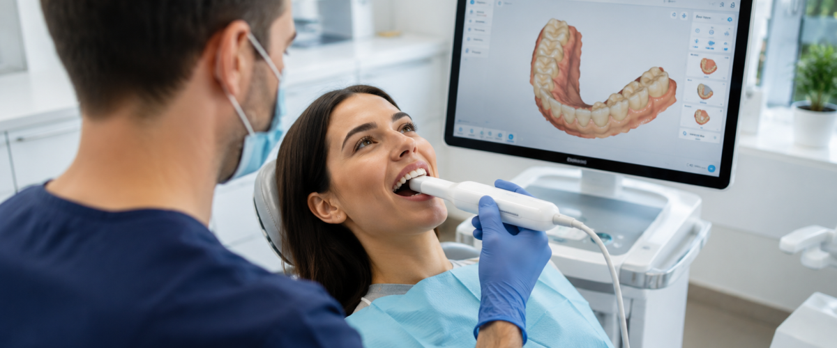 Dentista a realizar um scanner intraoral 3D num paciente enquanto um monitor apresenta a reconstrução digital da arcada dentária.