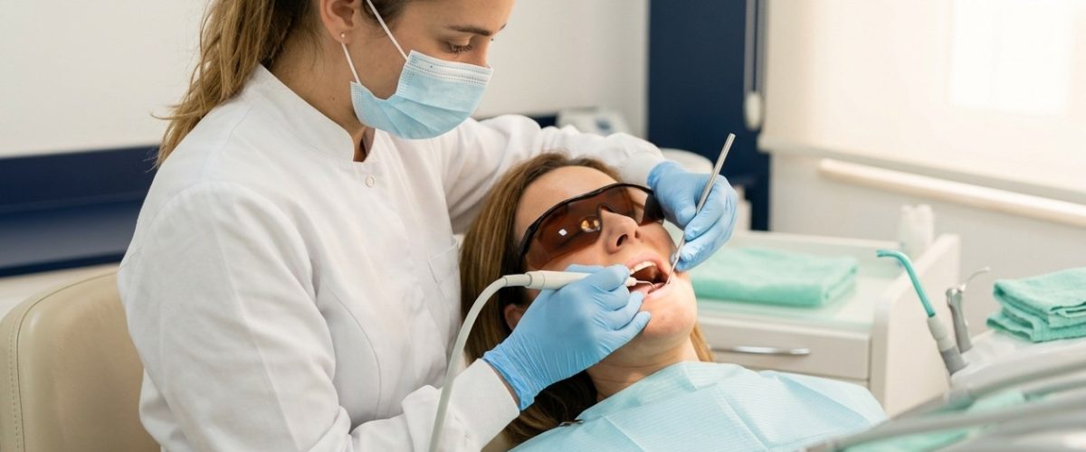 Dentist performing a professional cleaning and scaling on a patient in the dental chair.