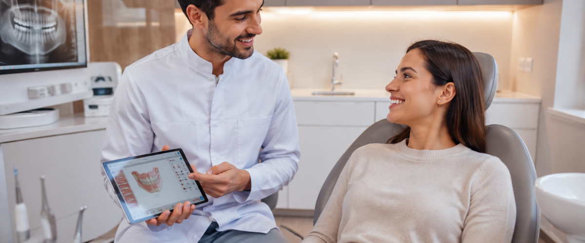 Dentista a explicar um plano de tratamento personalizado a uma paciente durante uma consulta numa clínica dentária moderna.