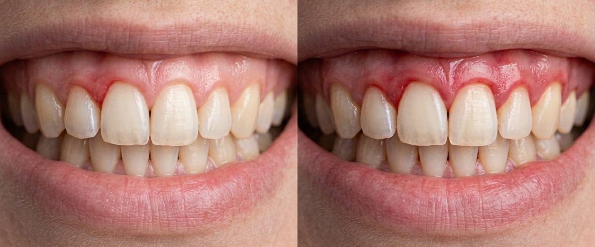 Deux photos de sourires aux gencives rouges et gonflées le long de la ligne gingivale, symptômes fréquents de la gingivite.